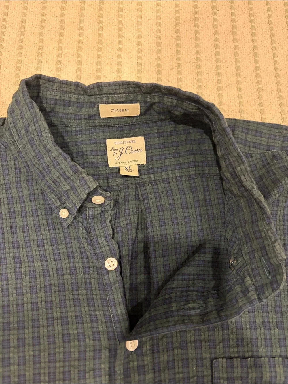 J. Crew Short-Sleeve Seersucker Pop-Over Shirt in Blue/Green Check